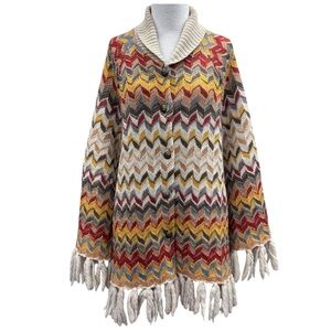 Vintage ILGWU Knit Cardigan Cape Poncho 100% Wool Shawl Collar Zigzag Y2K  Boho